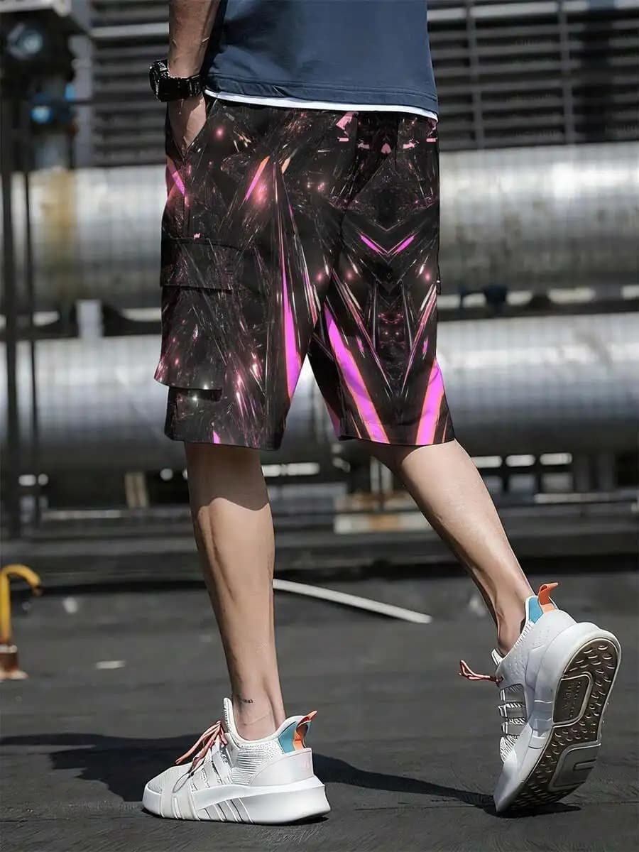 Mens Casual Loose Cargo Shorts Featuring Futuristic Pink-Purple Shimmer Geometric Digital Pattern, Drawstring Waist And Multi
