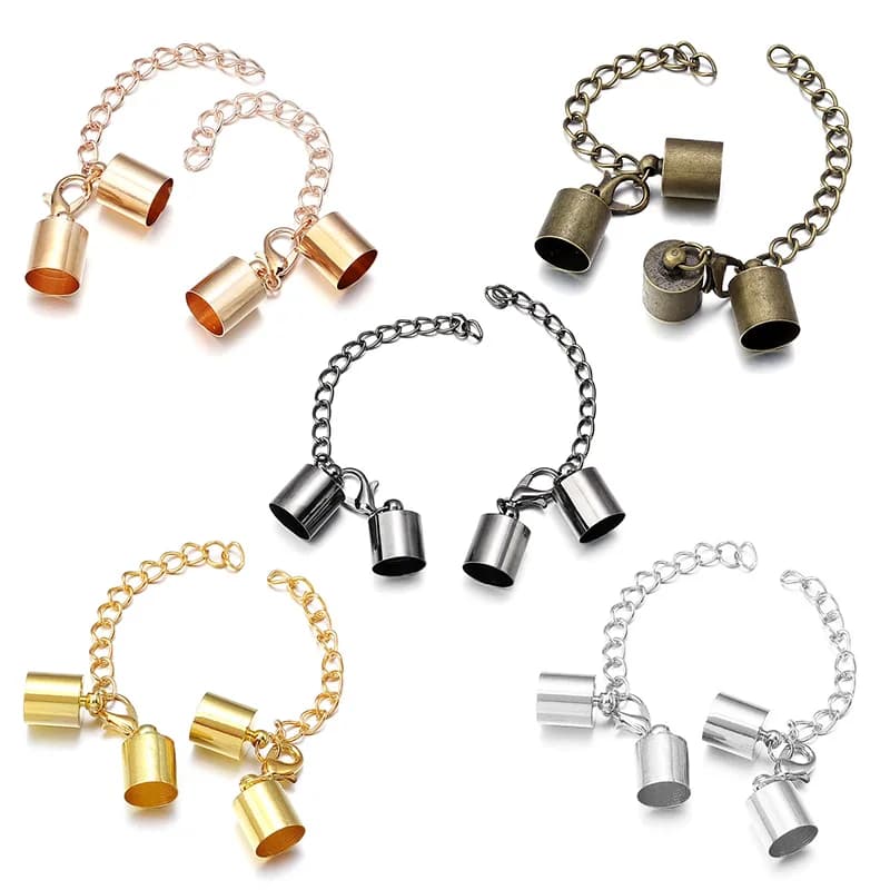 10sets Leather Cord Crimps End Tip Caps Connector With Lobster Clasps Hooks Extending Tail Chain For DIY Jewelry Making Bracelet