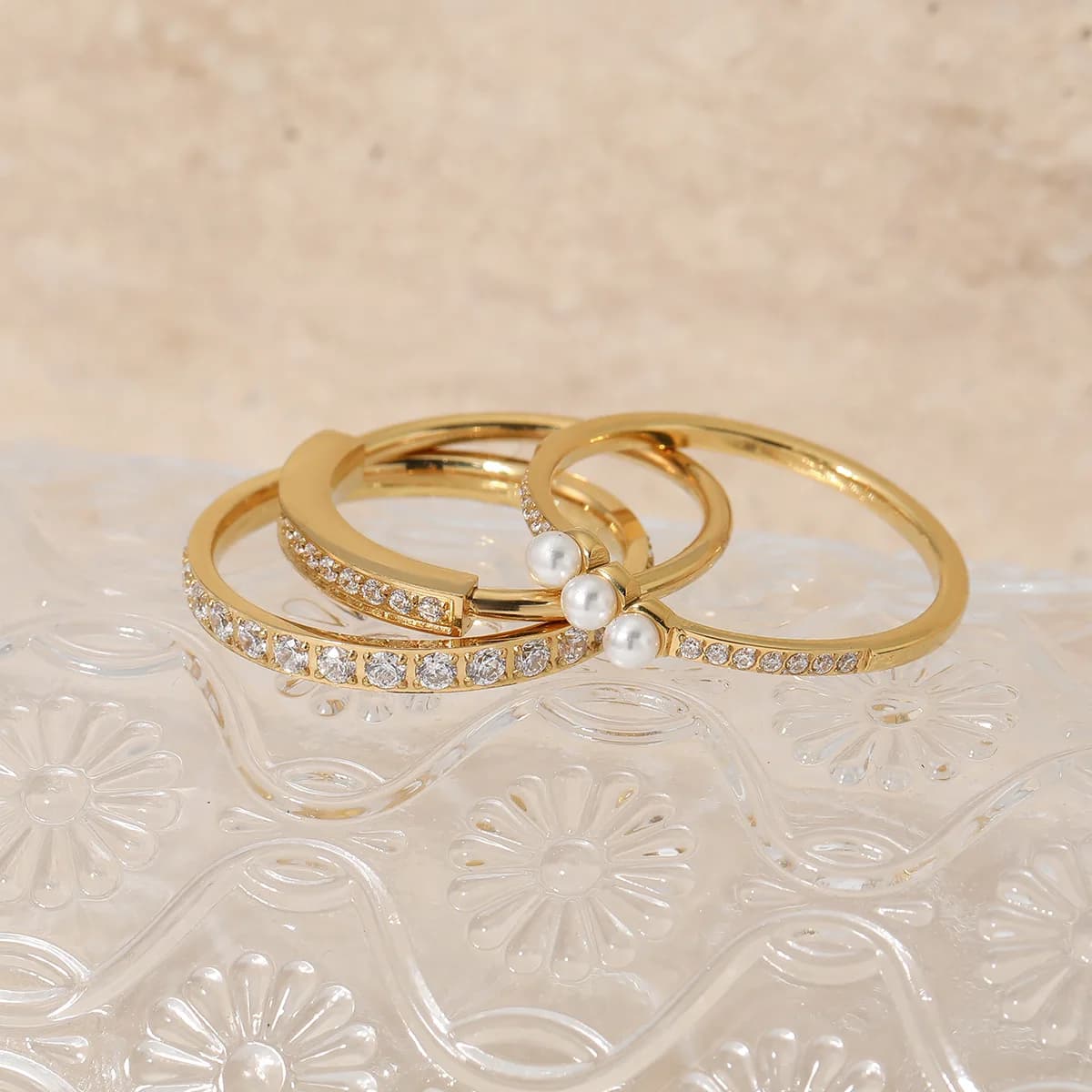 Keen on Simple Set di anelli di perle in acciaio inossidabile Temperamento delicato Luce Lusso squisito Nuovo fatto a mano femminile