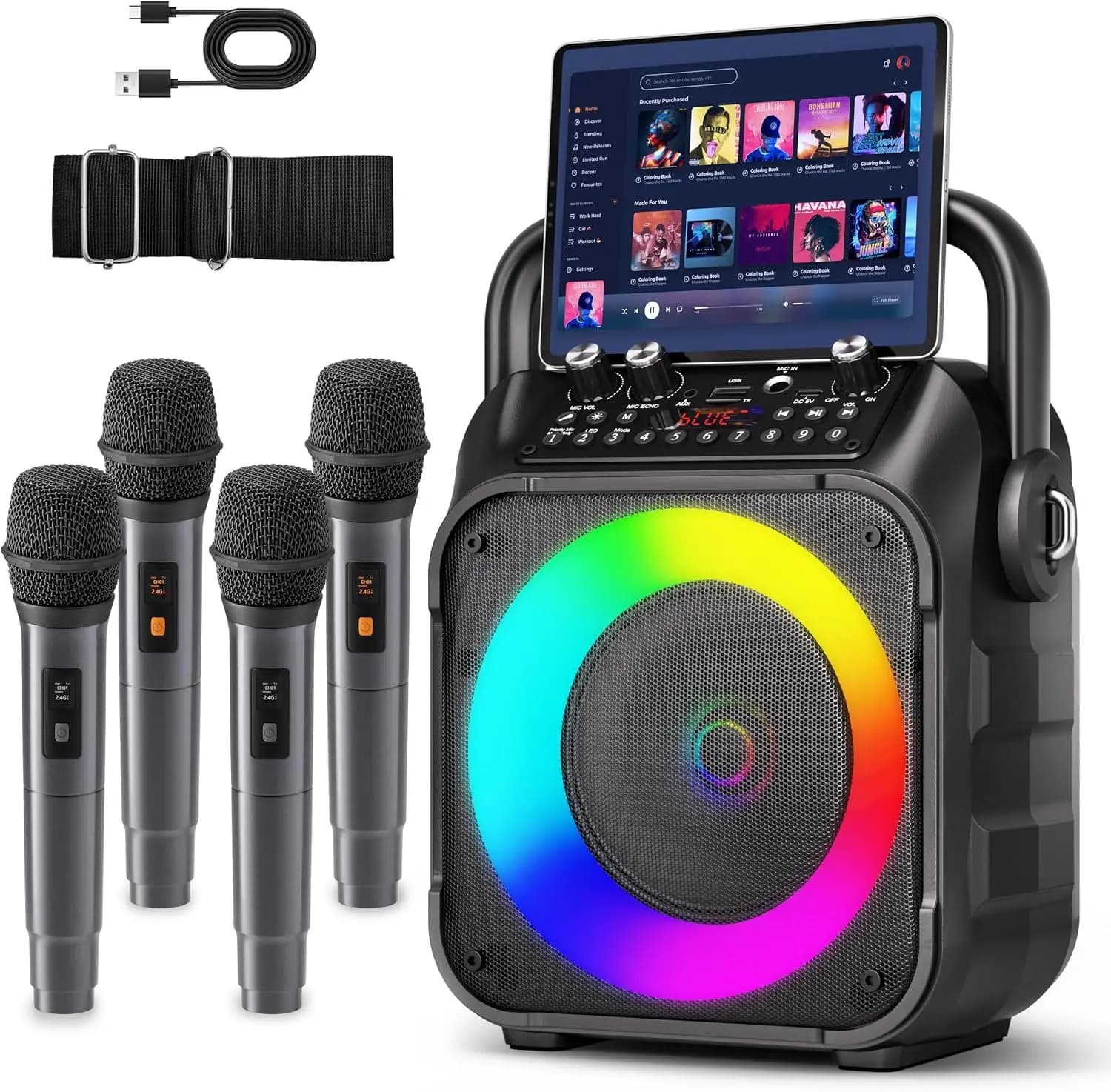 Portable Karaoke Machine with 4 Wireless Mics, Bluetooth Speaker, Dynamic Lights for Home Party