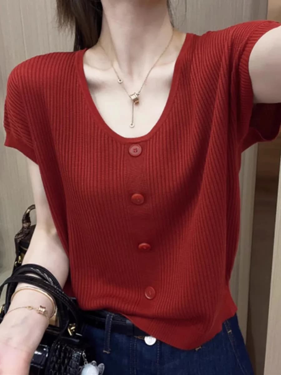 Summer New Ice Silk Knitted Short Sleeve T-Shirt Women Loose plus Size Belly Cover Slimming Top Casual Style Printed round Neck