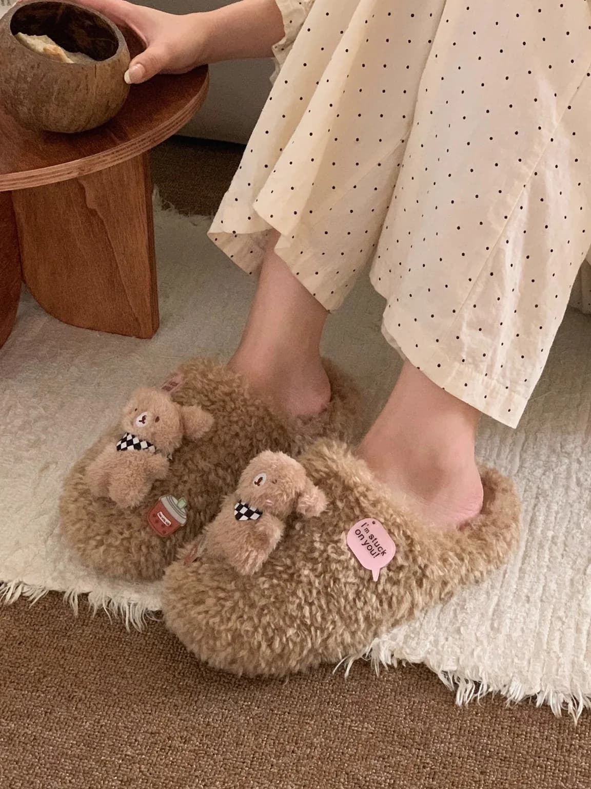 Pantofole in cotone a forma di orsetto da donna, da casa, da interno, antiscivolo, calde invernali, morbide, in peluche, slip-on, con suola in gomma, comode per la casa