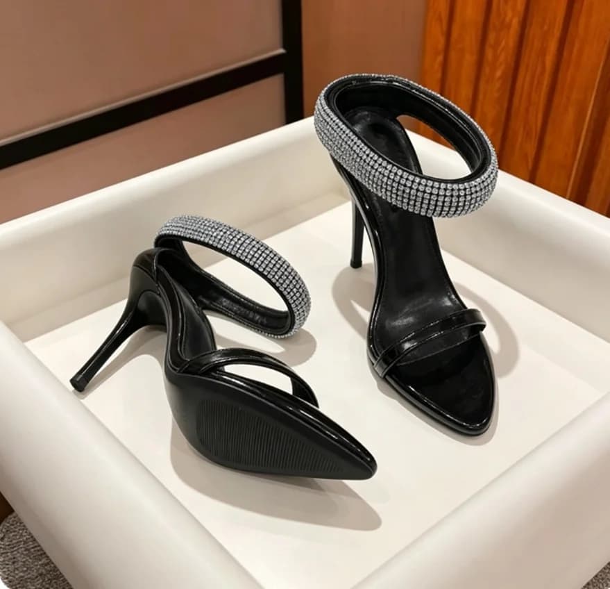 Solid Bright Black Patent Leather Stiletto Slip On High Heel Pumps Woman Pointed Toe Crystal Ankle Wrap Thin Heeled Dress Shoes