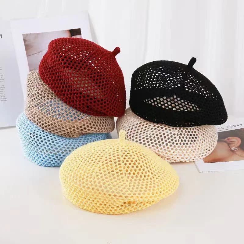 Korean Straw Woven Berets for Women Summer Thin Hollow Mesh Painter Cap Solid Color Breathable Female Lady Pumpkin Hats