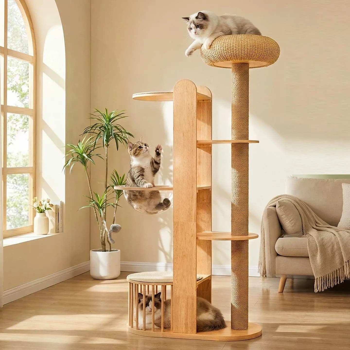 Torre per Gatti Moderna in Legno, Grande e Lussuosa, con Tiragraffi, Tappetino e Scaffali - Accessori per Gatti