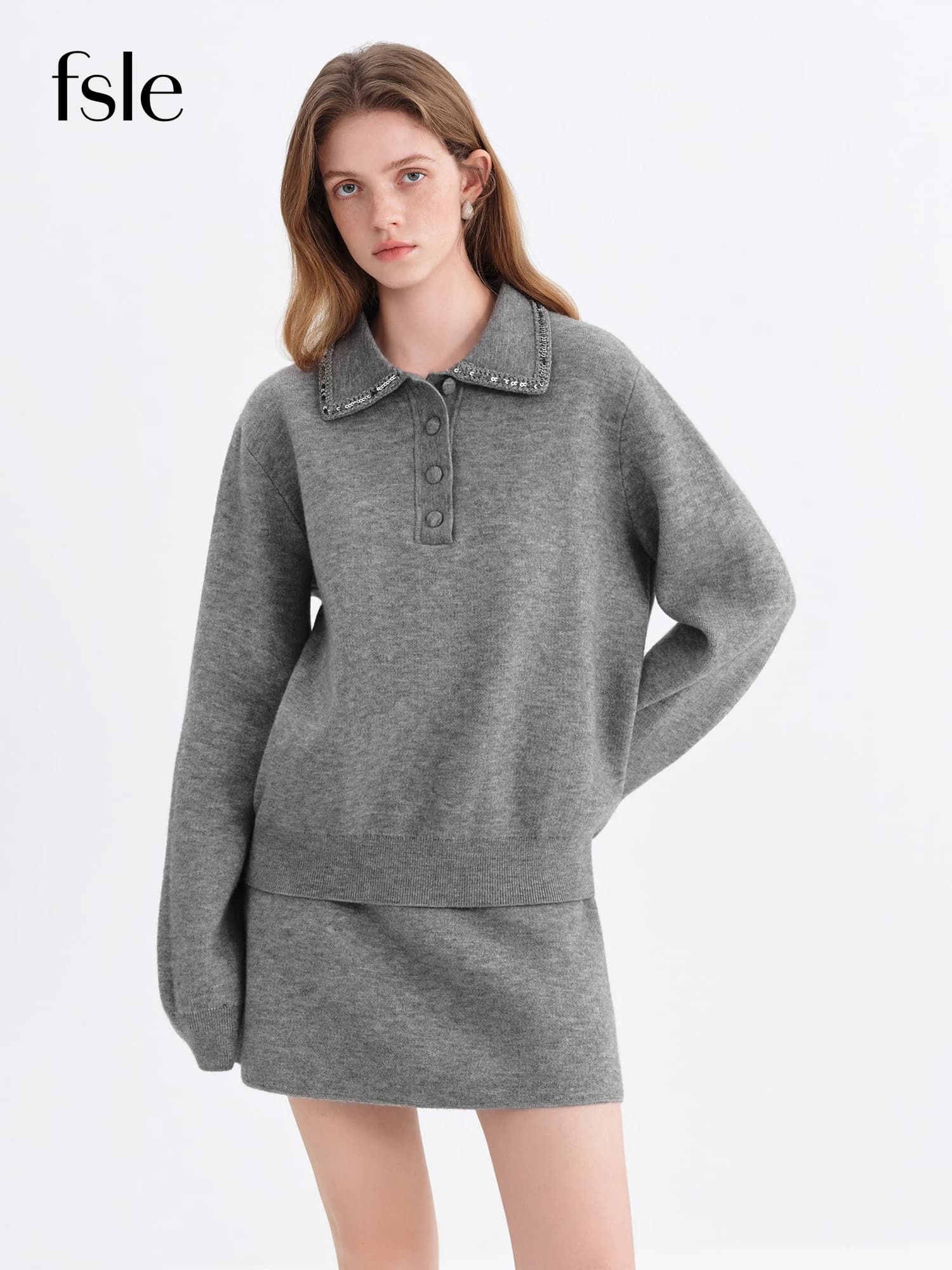FSLE Autumn Winter 2025 Elegance Starlight Gray Polo Collar Knit Sweater Skirt Set Two-Piece Chic Soft and Versatile Outfit Sets