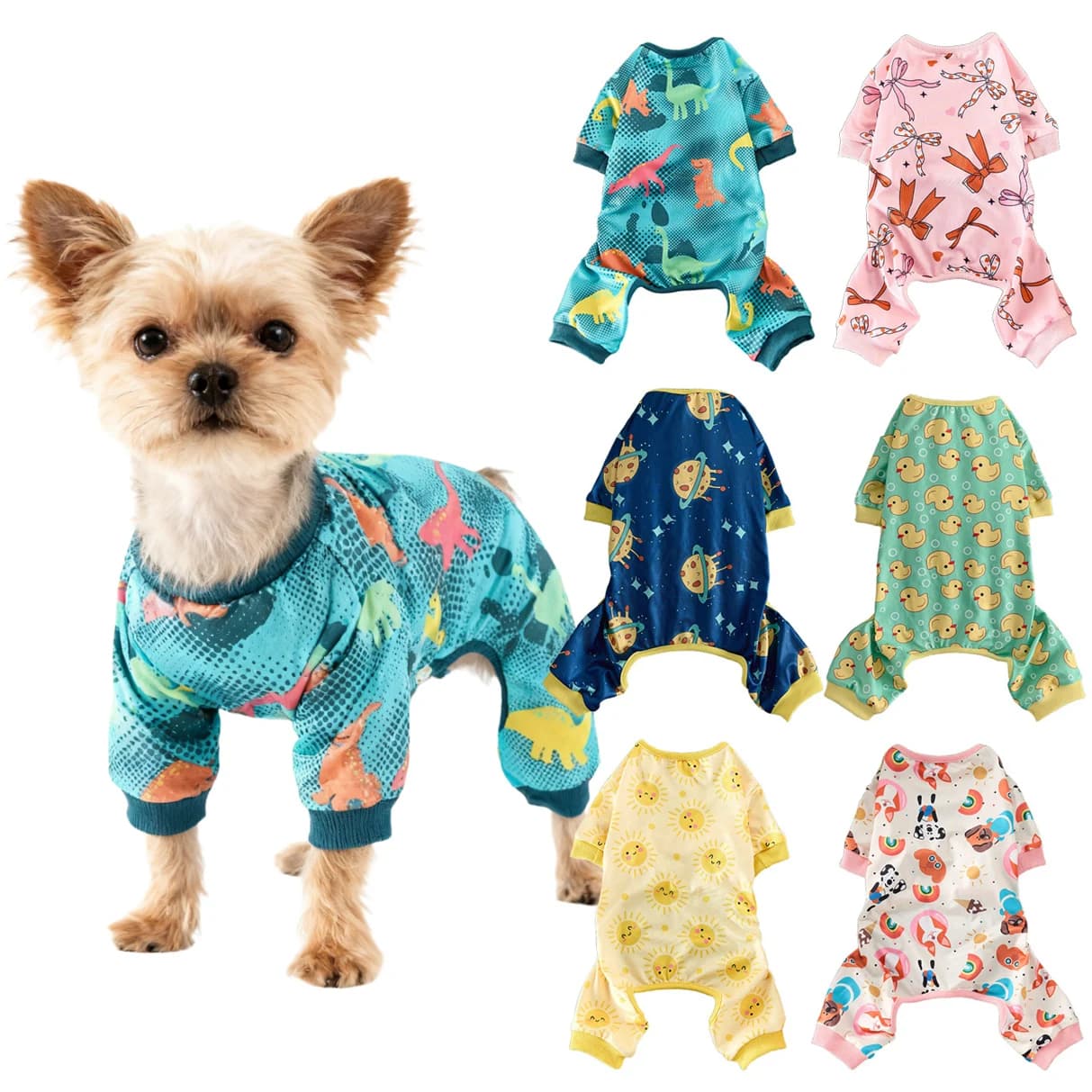 Dog Pajamas Cute Yellow Duck Dinosaur Planet Sun Pattern Dog Jumpsuit Autumn Puppy Jammies Onesies Clothes for Small Medium Dogs