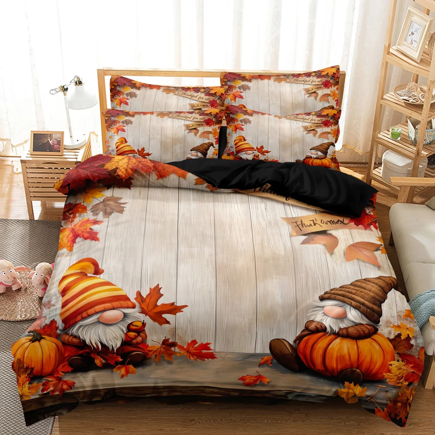 3Pcs Autumn Fall Print Duvet Cover Set, Rustic Wood Board Pumpkin Maple Leaf Cute Gnome Printed Bedding,Multiple Sizes Available