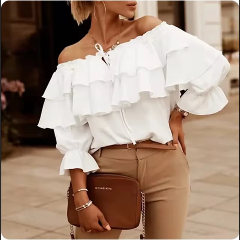 Chic Off spalla doppio strato Top donna High Street tinta unita primavera autunno t-shirt vacanza Casual vestiti senza schienale