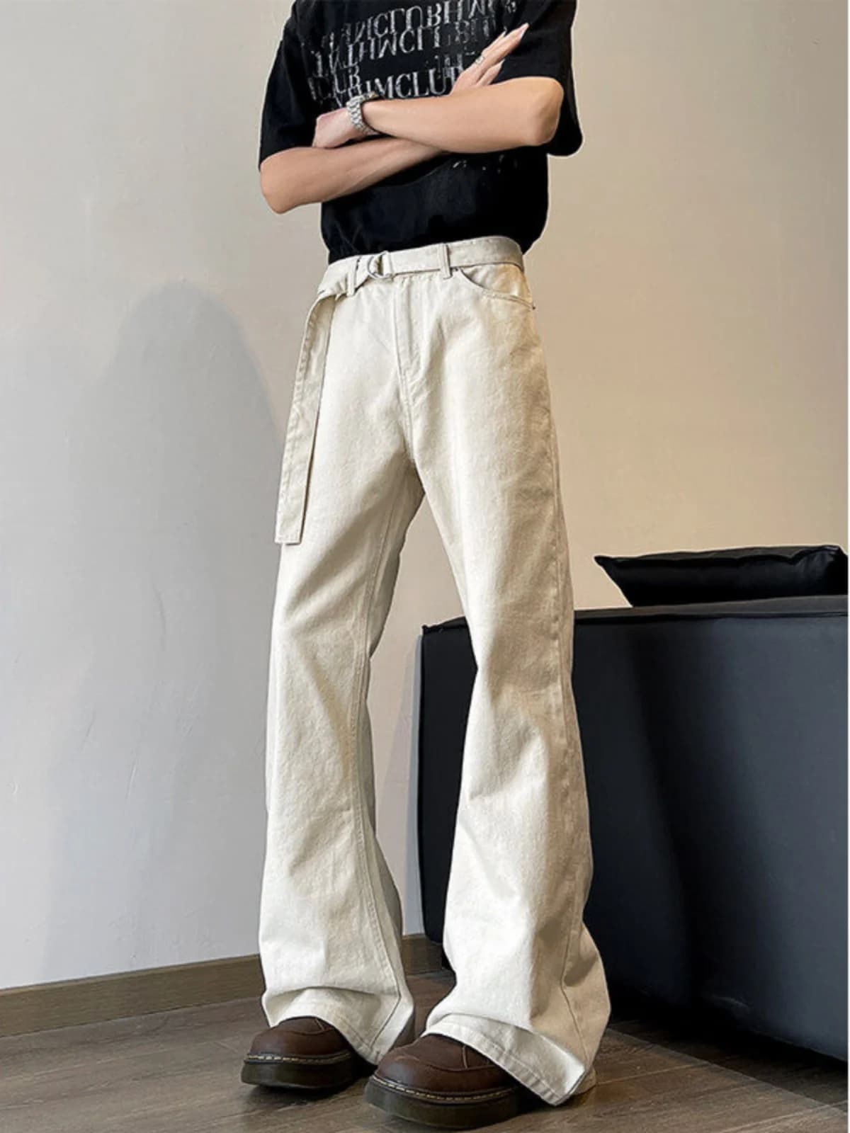 Cleanfit Black Leaf Knife Jeans Men's American High Street Straight Leg Micro Flare Pants Casual Wear Durable Denim