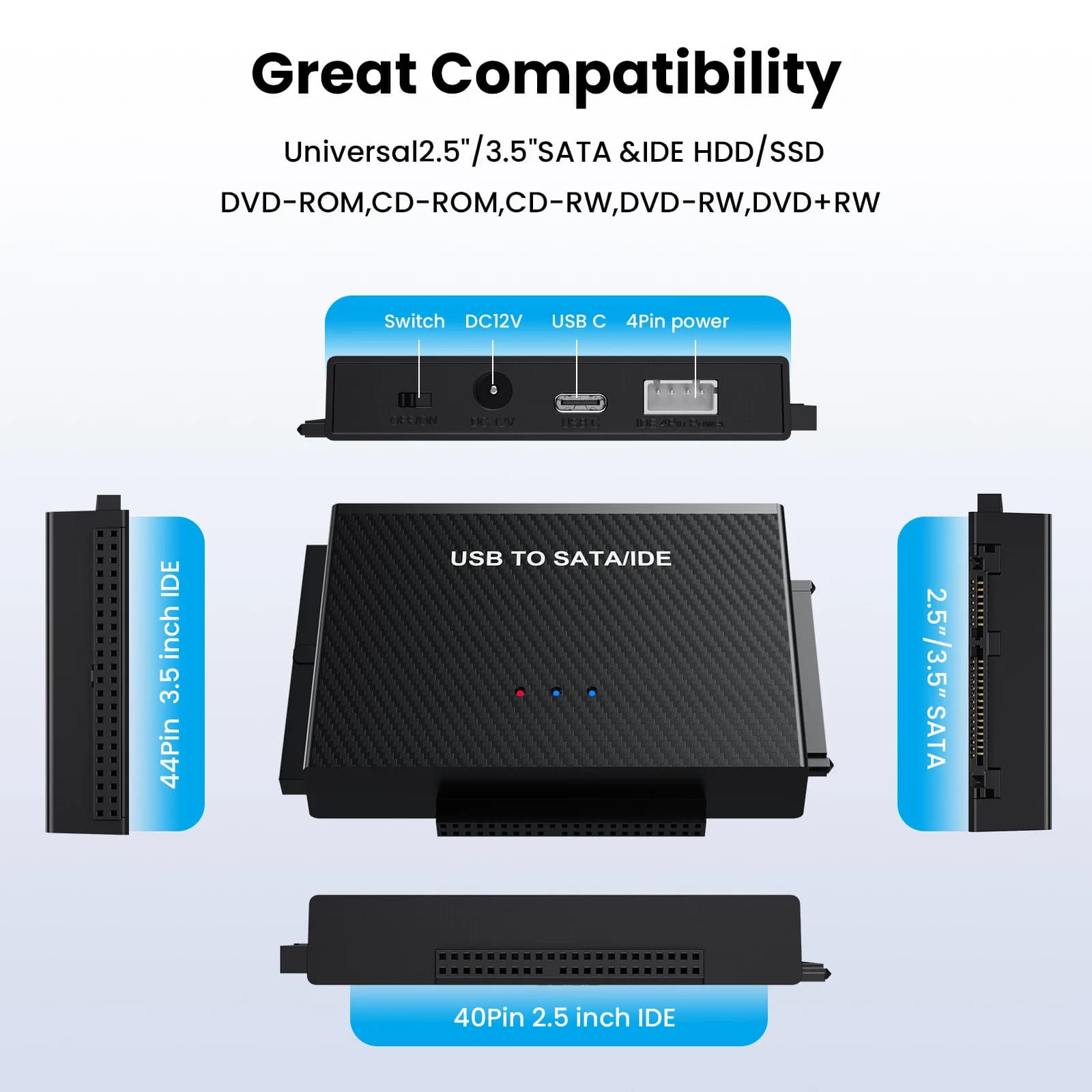 Adattatore da USB 3.1 a SATA/IDE Adattatore per disco rigido IDE per HDD/SSD esterno IDE e SATA universale da 2,5"/3,5" pollici