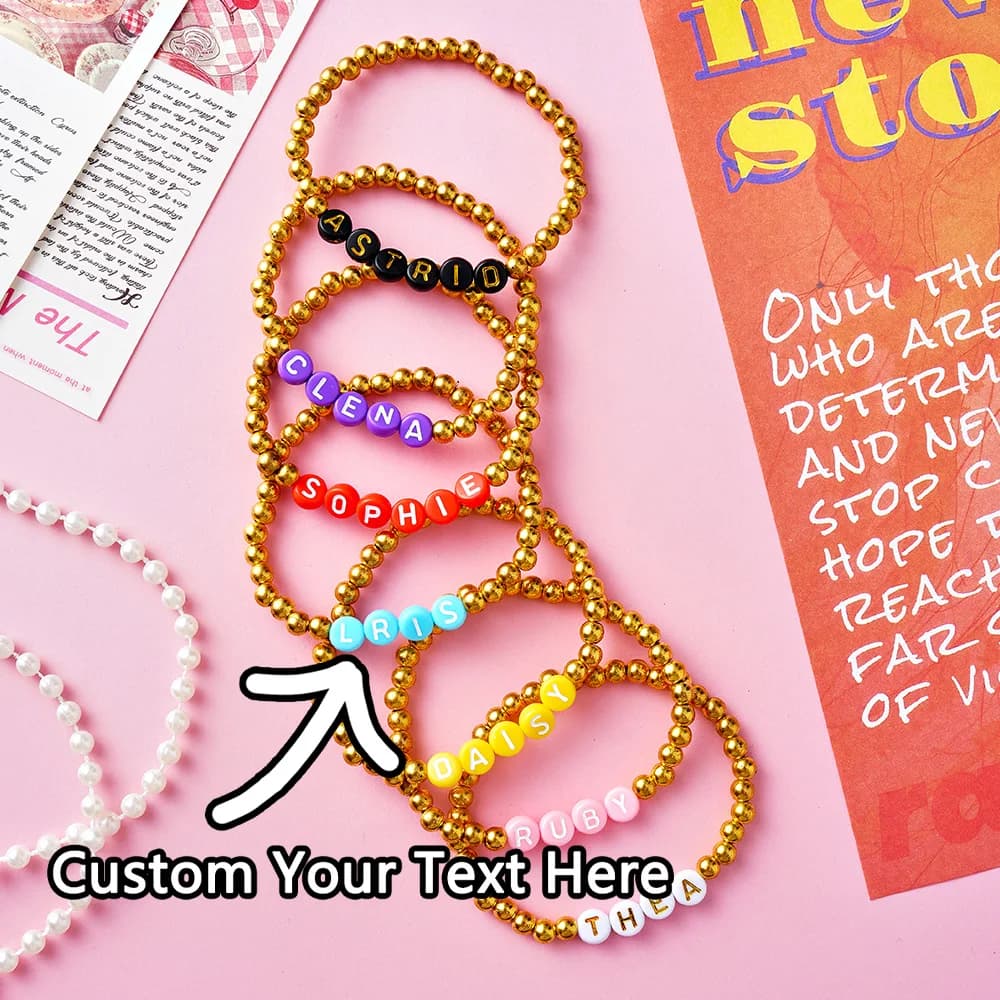 Custom 1 Piece Bracelet: Custom Engraved Name, Gold Beads, DIY, Laser Engraved, Elegant Design, Ideal Accessory for Daily Use and L