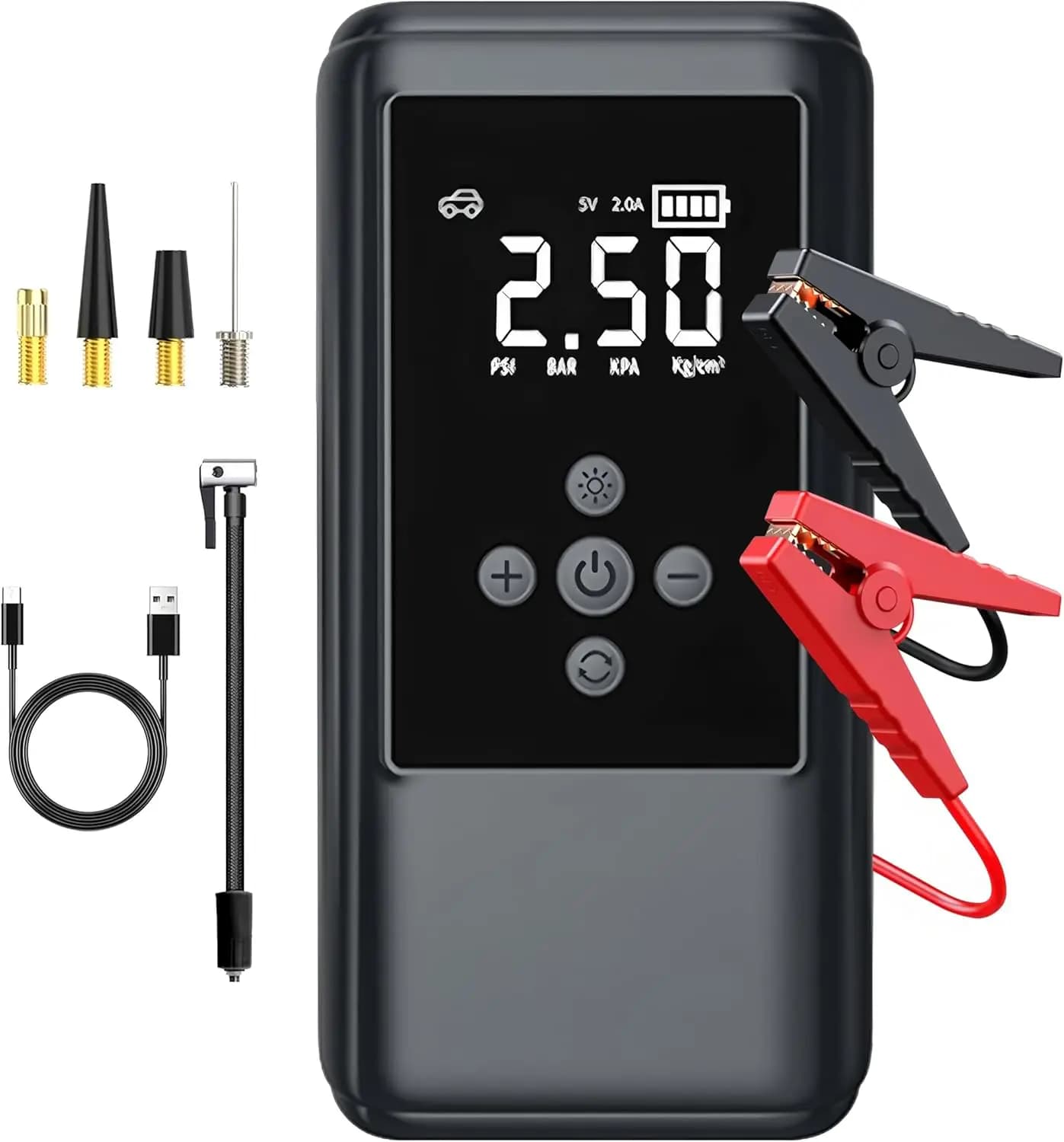 Avviatore portatile con gonfiatore, power bank, torcia elettrica, standby 24 m, sicurezza avanzata e design robusto