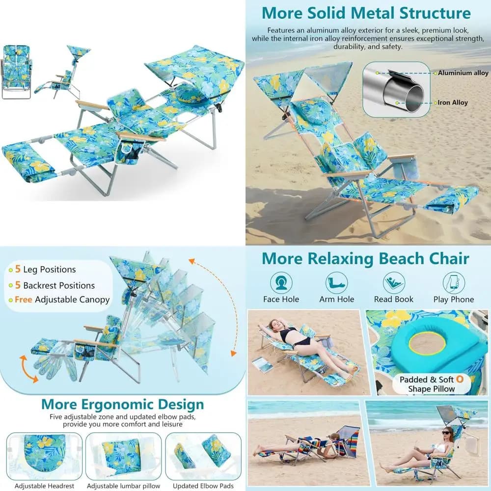 Poltrona lounge da spiaggia pieghevole 4 in 1 con baldacchino, sedia abbronzante con fori per il viso e le braccia, cuscino di supporto lombare, braccioli reclinabili