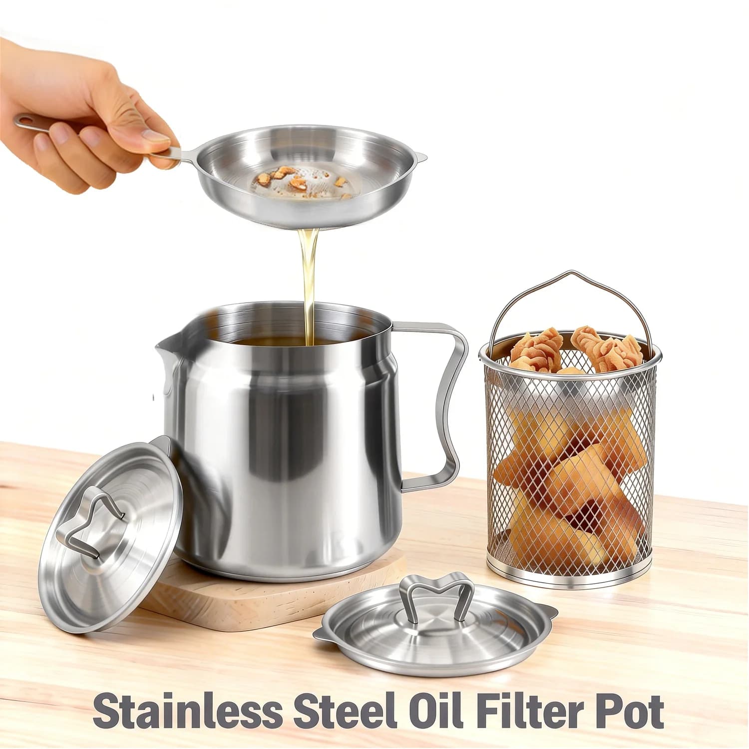 1.5L/2L filter oil tank with lid and filter stainless steel multi-purpose oil storage filter oil tank kitchen supplies set
