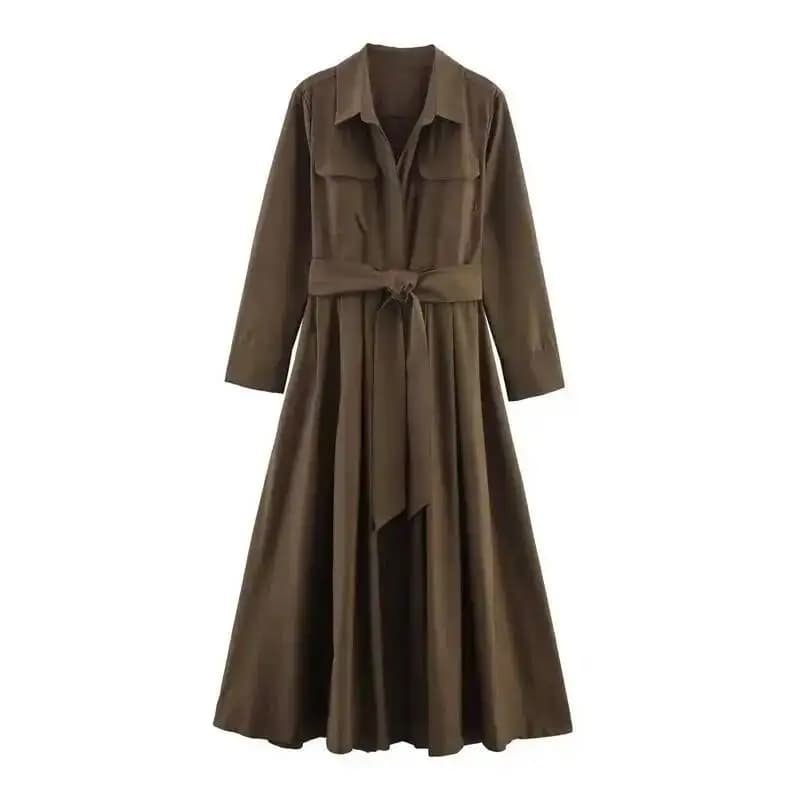 Abito da donna Autunno 2026 Nuovo modello a tinta unita a maniche lunghe stile camicia con gonna a trapezio e cintura decorativa, casual, alla moda, personalizzato P0W8