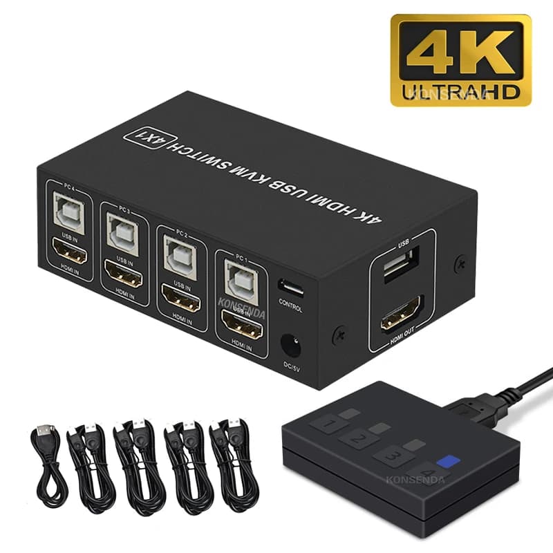 4K HDMI KVM Switch 4 in 1 out 4K 60Hz HDMI USB KVM Switcher 4x1 for 4 PC sharing Mouse keyboard monitor with Desktop controller