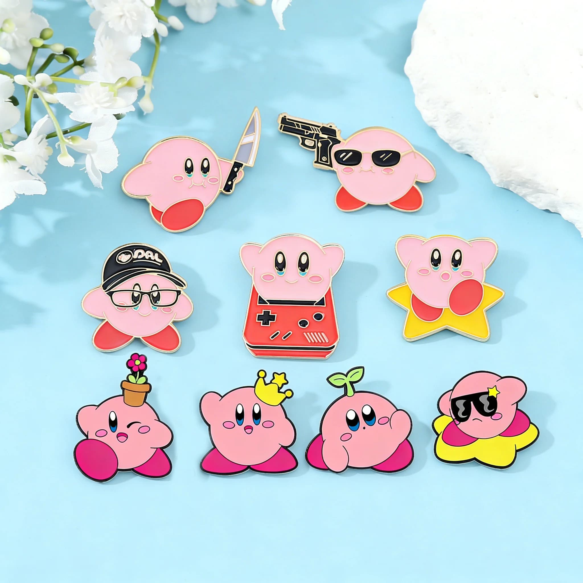 4/5/9Pcs Funny Game Kirby Pink Enamel Pins Cute Metal Magic Anime Brooch Badge Character Lapel Pins Badge Gifts For Friends