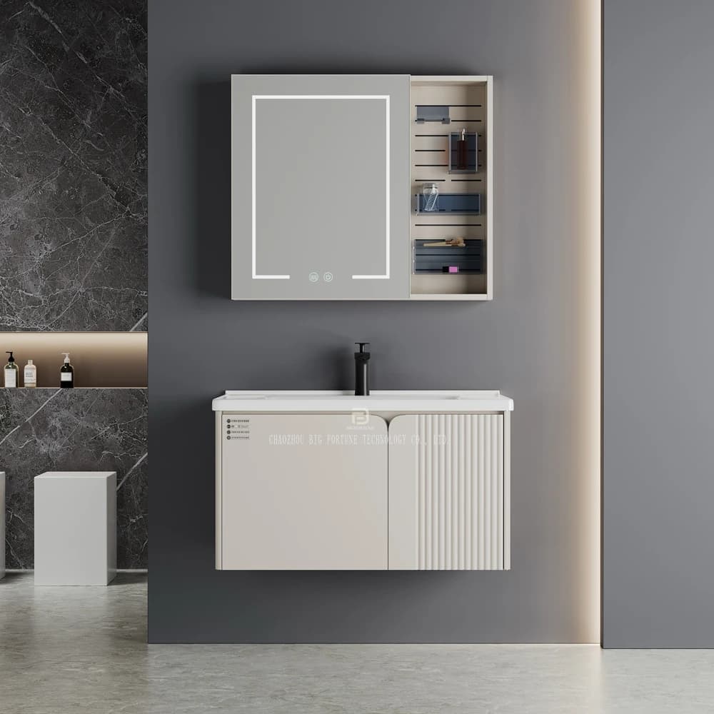 Mobile da bagno moderno in acciaio inossidabile con montaggio a parete, mobiletto da bagno con specchio impermeabile e lavabo