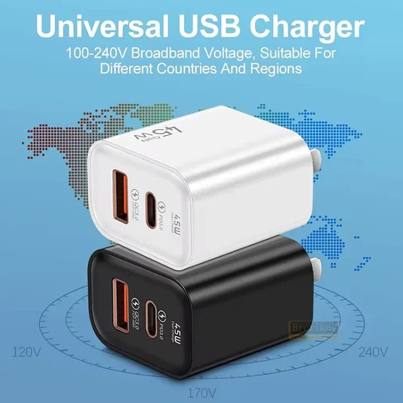Adattatore da parete a 2 porte con ricarica rapida Gan, caricatore USB C PD da 45W, caricatore da viaggio QC3.0 con spina EU/US per iPhone 15, Xiaomi, Samsung, Huawei