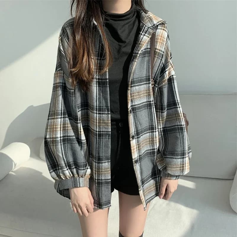 Camicia a quadri in flanella donna manica lunga con colletto abbottonato camicetta a quadri oversize Shacket abito Casual stile Street femminile