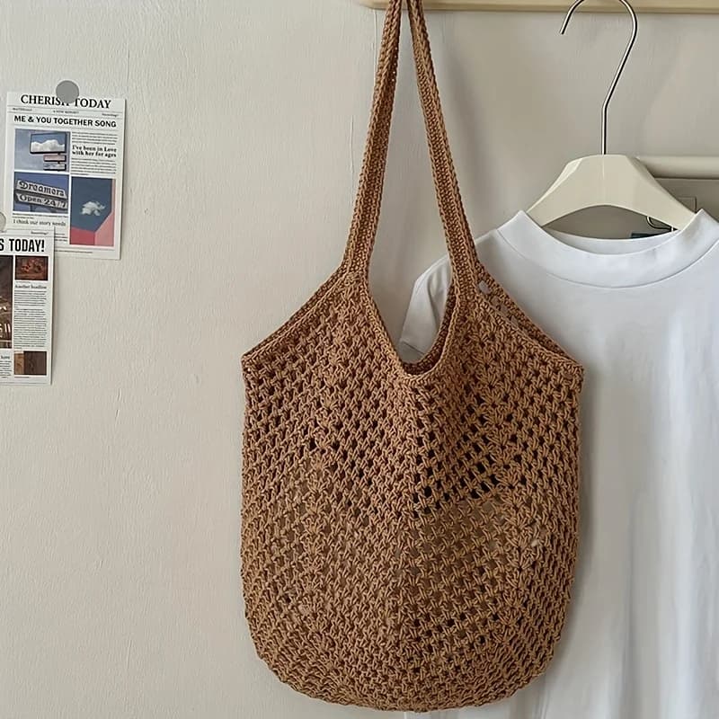 Crochet Mesh Tote Bag Hollow Woven Shoulder Bag Reusable Lightweight Knit Market Bag for Beach Travel Shopping and Daily Use