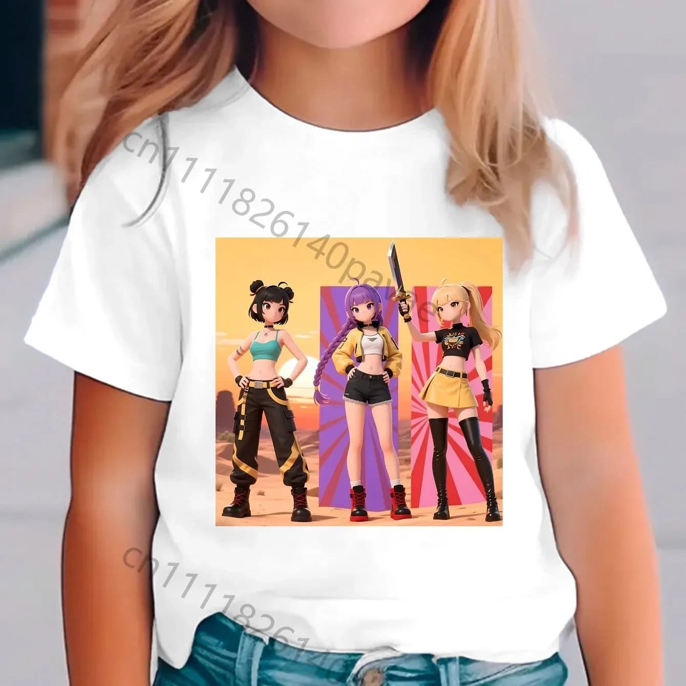 T-shirt K-pop Anime Team per Ragazze con Tre Fantastici Design di Guerrieri Femminili, in Morbido Cotone Puro a Maniche Corte