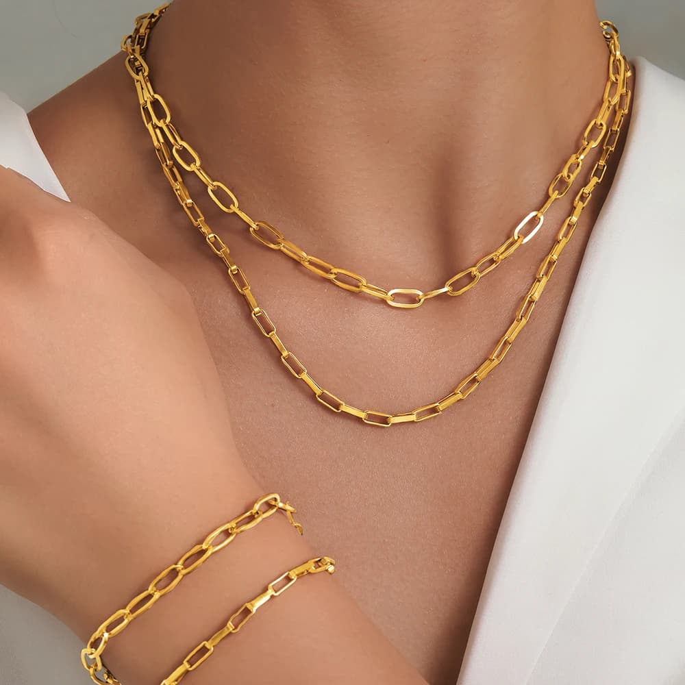 Set di gioielli in acciaio inossidabile Collana con bracciale Collana con bracciale a due pezzi con design a catena a strati Set di gioielli per gioielli da donna Nuovo