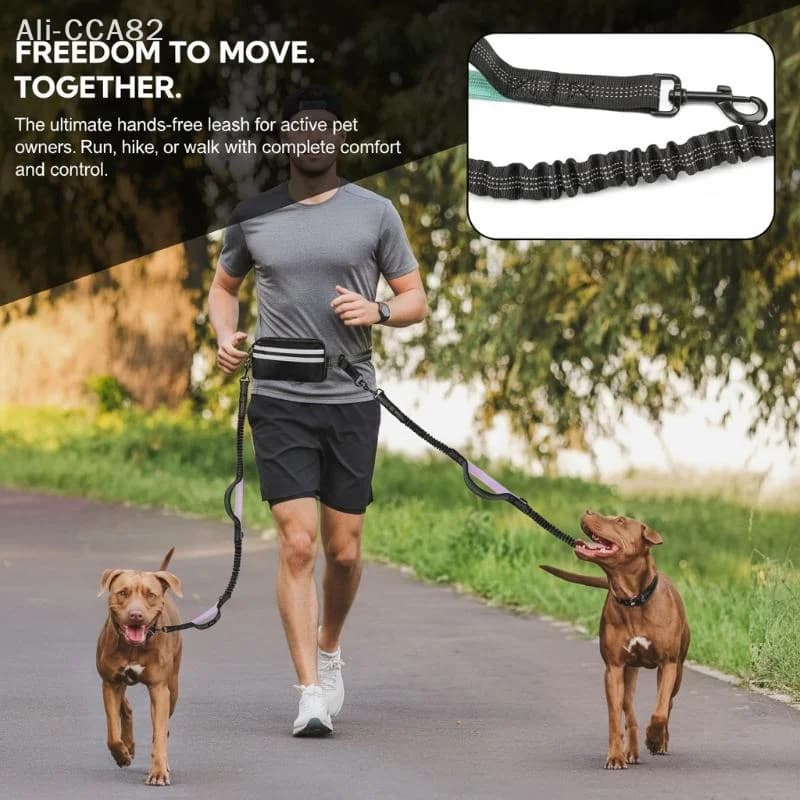 SHIDWJ Guinzaglio Doppio per Cani Senza Mani con Tasca per Cani di Taglia Media e Grande - Guinzaglio a Tracolla e da Vita per Passeggiate con il Cane - Senza Tirare, Libera Mani