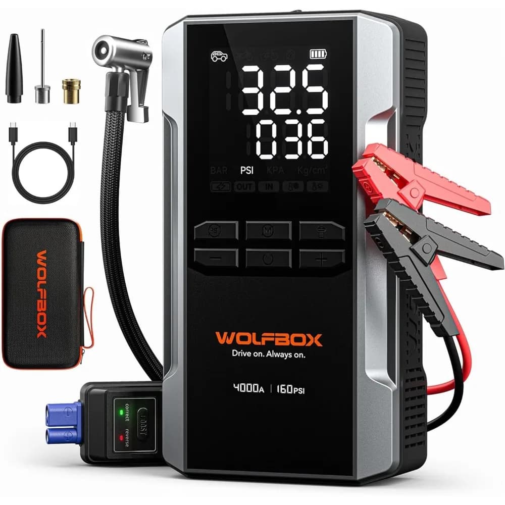 WOLFBOX 4000A Jump Starter con compressore d'aria 160PSI, batteria per auto da 12 V, ricarica rapida da 65 W, gonfiatore portatile per pneumatici da 24000 mAh