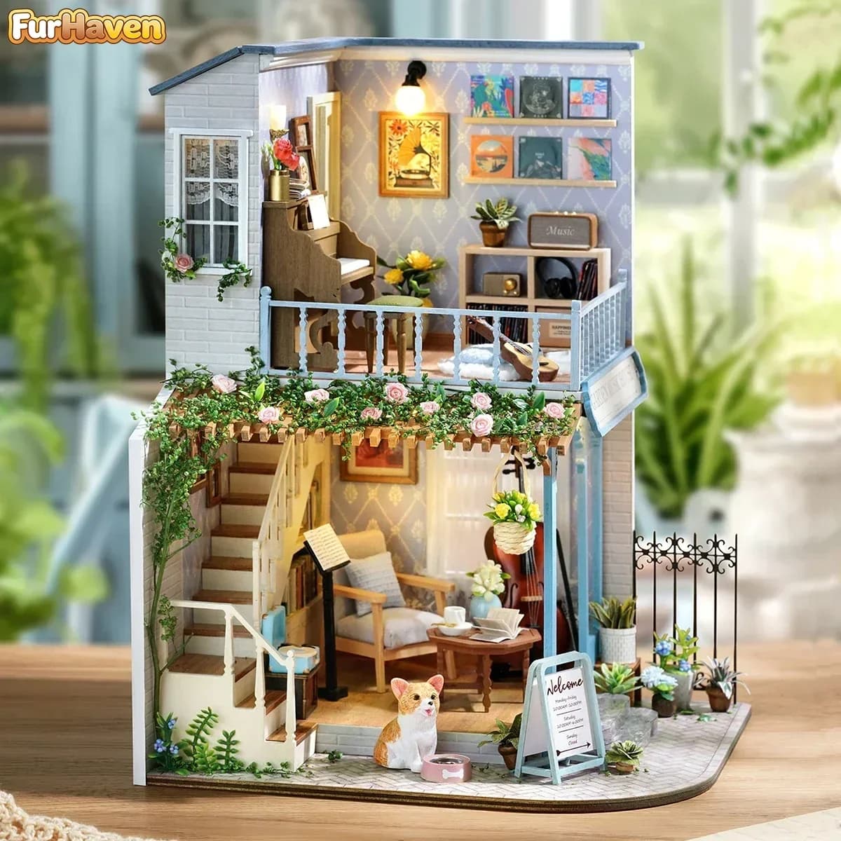 Garden Music House Casa DIY Wooden Doll Houses Miniature Model Kits Coffee Dollhouse with Furniture 3D Puzzle for Friends Gifts