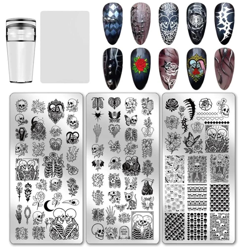 3pcs Skull Nail Stamping Plates Bone Skeleton Flower Nail Art Templates Gothic Skull Art Stencils Image Plate with Stamper