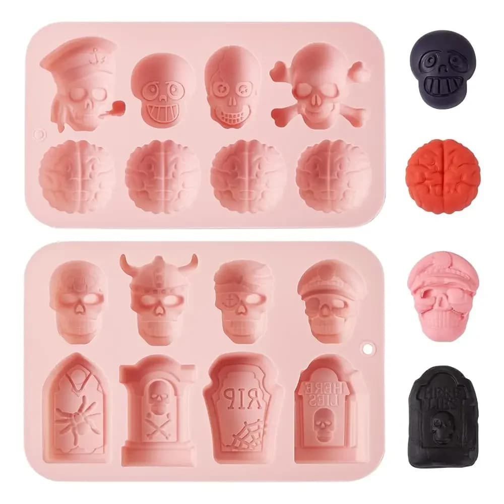 Stampo in Silicone a Forma di Teschio per Dolci, 2 Pezzi Stampi 3D a Forma di Teschio, Cervello e Lapide per Decorazioni di Torte di Halloween, Cioccolato