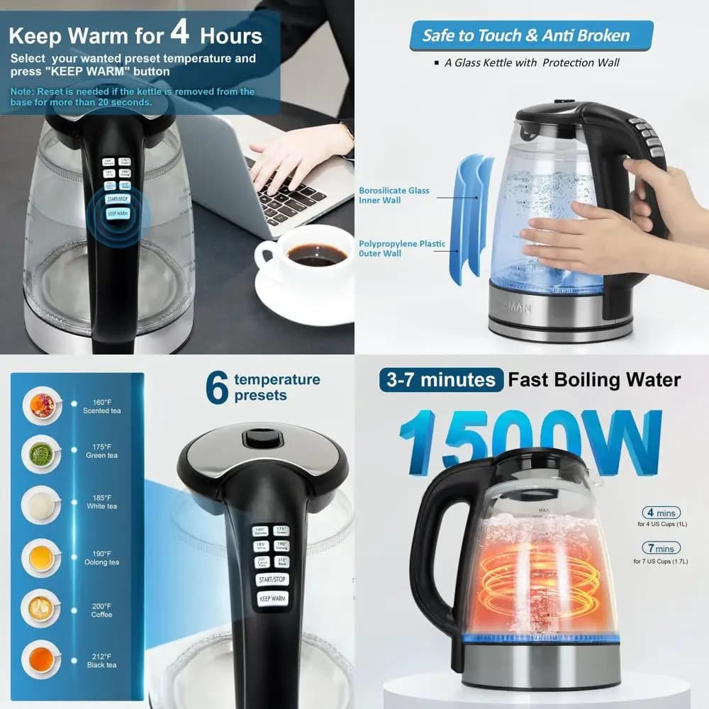 1500 W controlled temperature electric kettle with 6 presets, double wall cold touch, 4 hours heat, 1.7 litre borosilicate glass, BPA