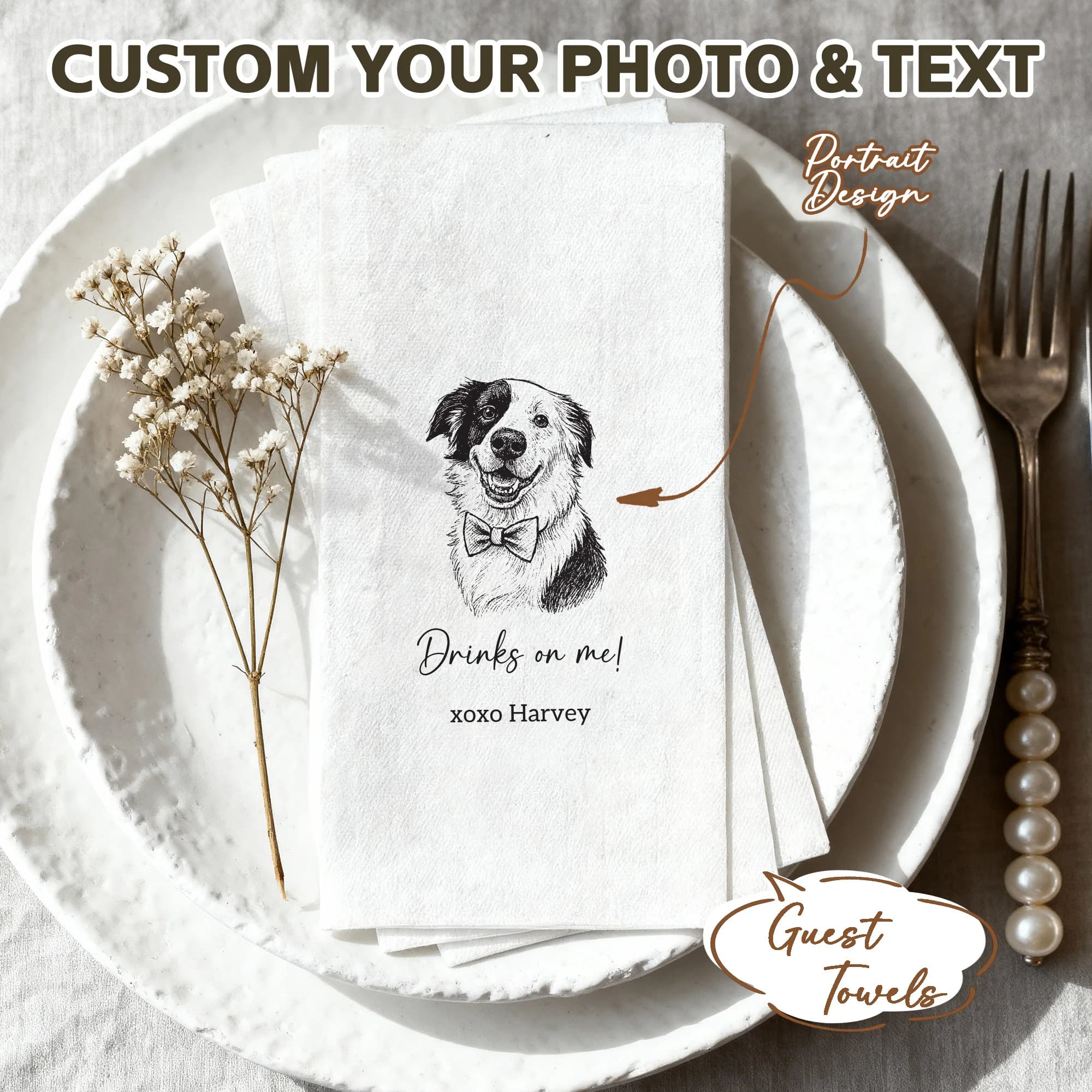 Custom Photo Guest Towels Disposable Linen-like Paper Napkins Personalized Rectangle Napkins Dog Cat For Wedding Bridal Shower
