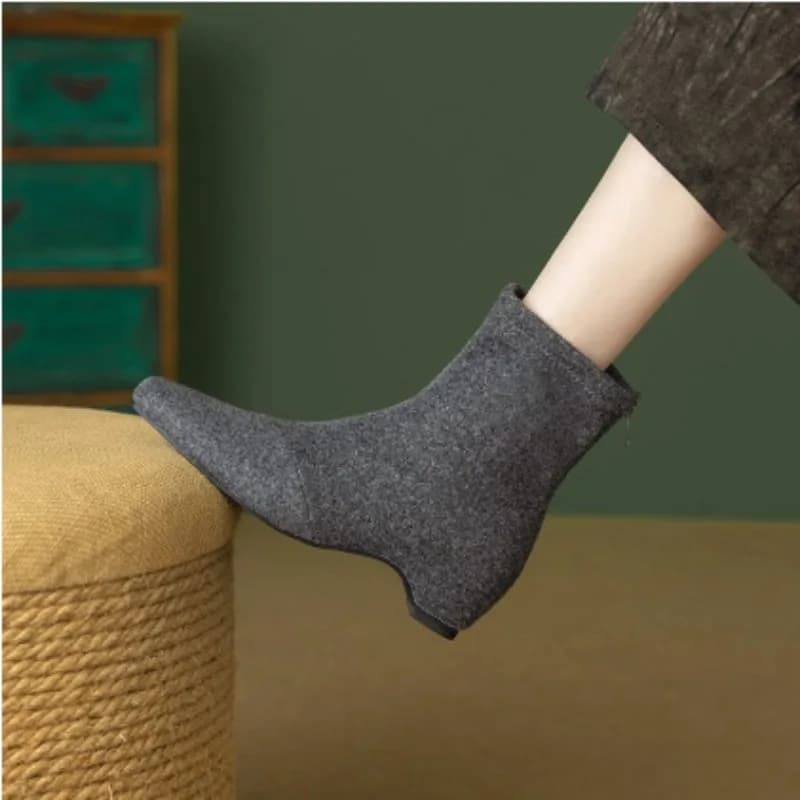 Stivaletti da donna 2025 Autunno Inverno Cuciture in lana Versione coreana Stivali con calzino con punta quadrata Altezza maggiorata e cerniera interna