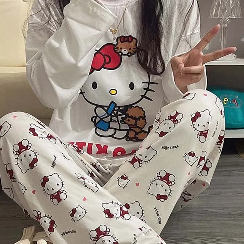 Kawaii Sanrios Hello Kittys Pigiama da donna Set Anime Stampa Manica lunga Abbigliamento per la casa Autunno Inverno Studente Ragazze Indumenti da notte Regalo