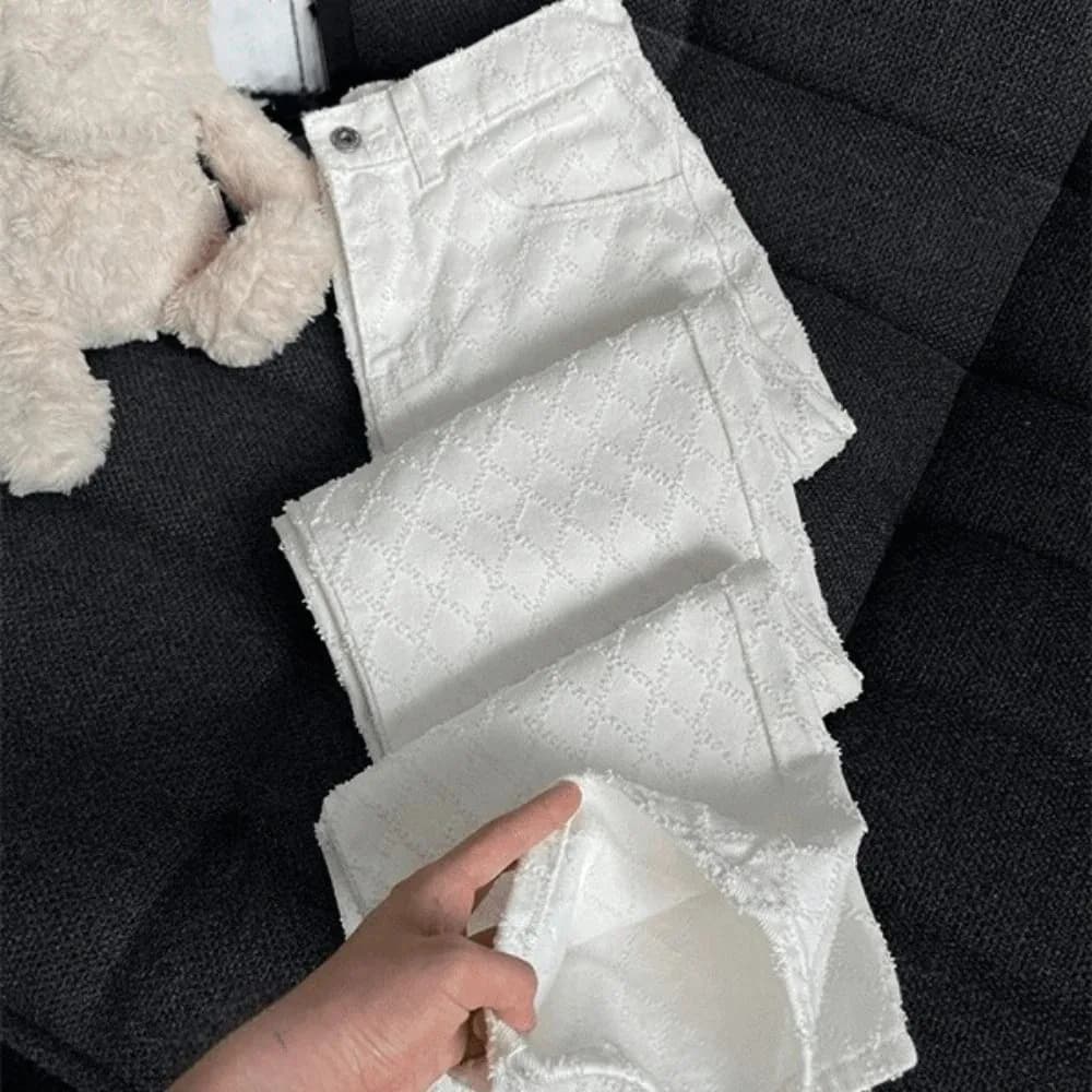 Jeans in denim a griglia semplice, pantaloni baggy coreani stile cowboy, pantaloni casual a gamba dritta a vita alta da ragazza