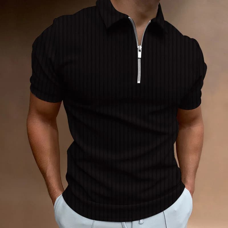 Men's Short-Sleeve T-Shirts - Solid Color Stripe Summer Stand-Up Collar New Style Polo Shirts with Zipper Leisure Tops for Men