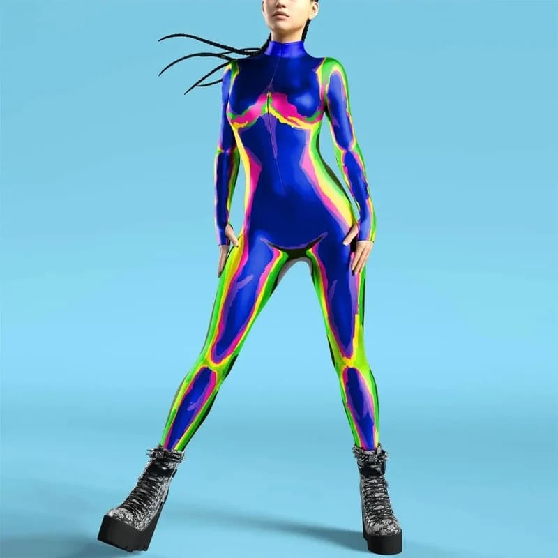 ♥ 2026 New Halloween Cosplay Punk Robot Adult Women Jumpsuit Clothing Colorful Texture Print Zentai Bodysuit Thumb S ★ Look at m