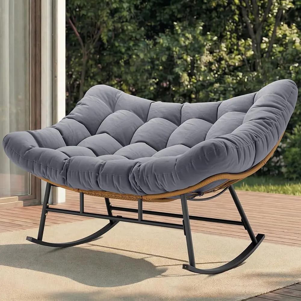 Sedia a dondolo da esterno a schienale alto con cuscino resistente all'acqua, vimini in PE protetto dai raggi UV, adatta per patio, giardino, soggiorno