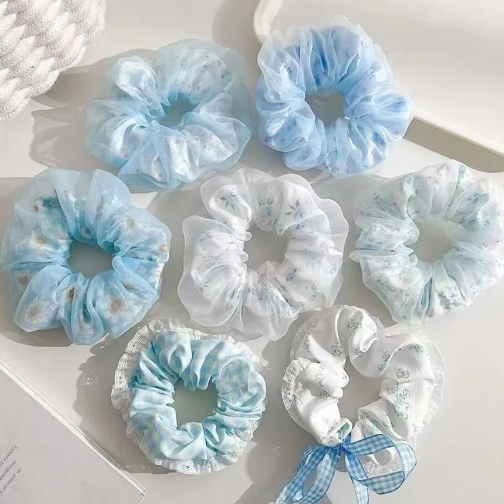 7pcs Lightweight Chiffon Floral Print Scrunchies Soft Breathable Pastel Mesh Sheer Tulle Hair Bows Sweet Elastic