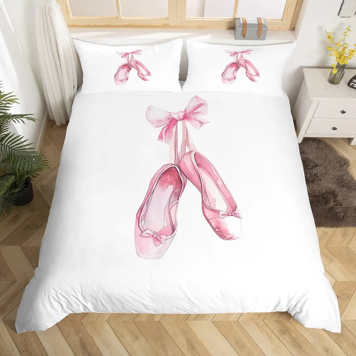 Ballet Shoes Duvet Cover King Ballet Dance Theme Bedding Set Pink Shoes Comforter Cover for Boys Girls Kids Home Bedroom Decor