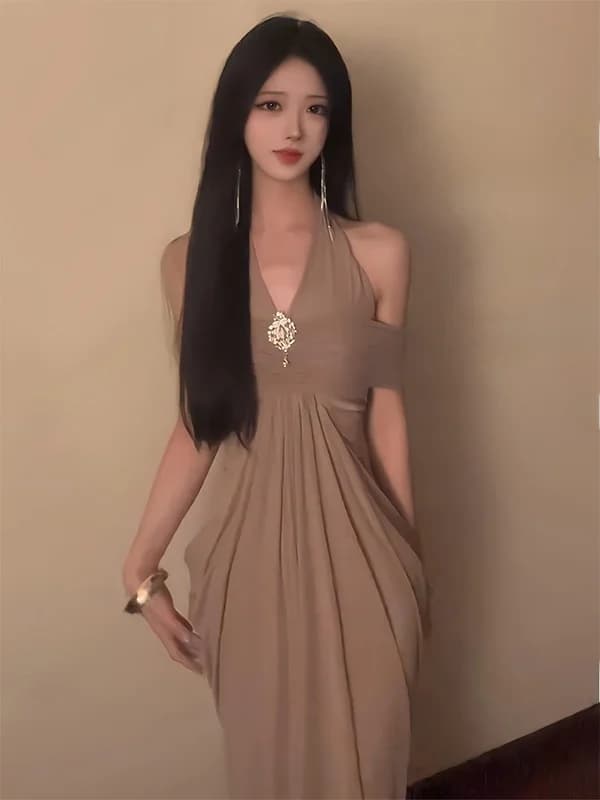 Elegant Folded Backless Necklace Dress Women's Fashion French Style Short Sleeve High Waist Polymide Fiber Dress for All Seasons