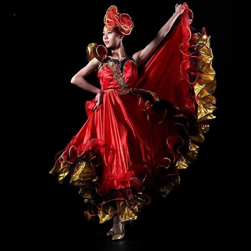 Costume da palcoscenico e danza spagnola personalizzato all'ingrosso con gonna da flamenco rossa/dorata