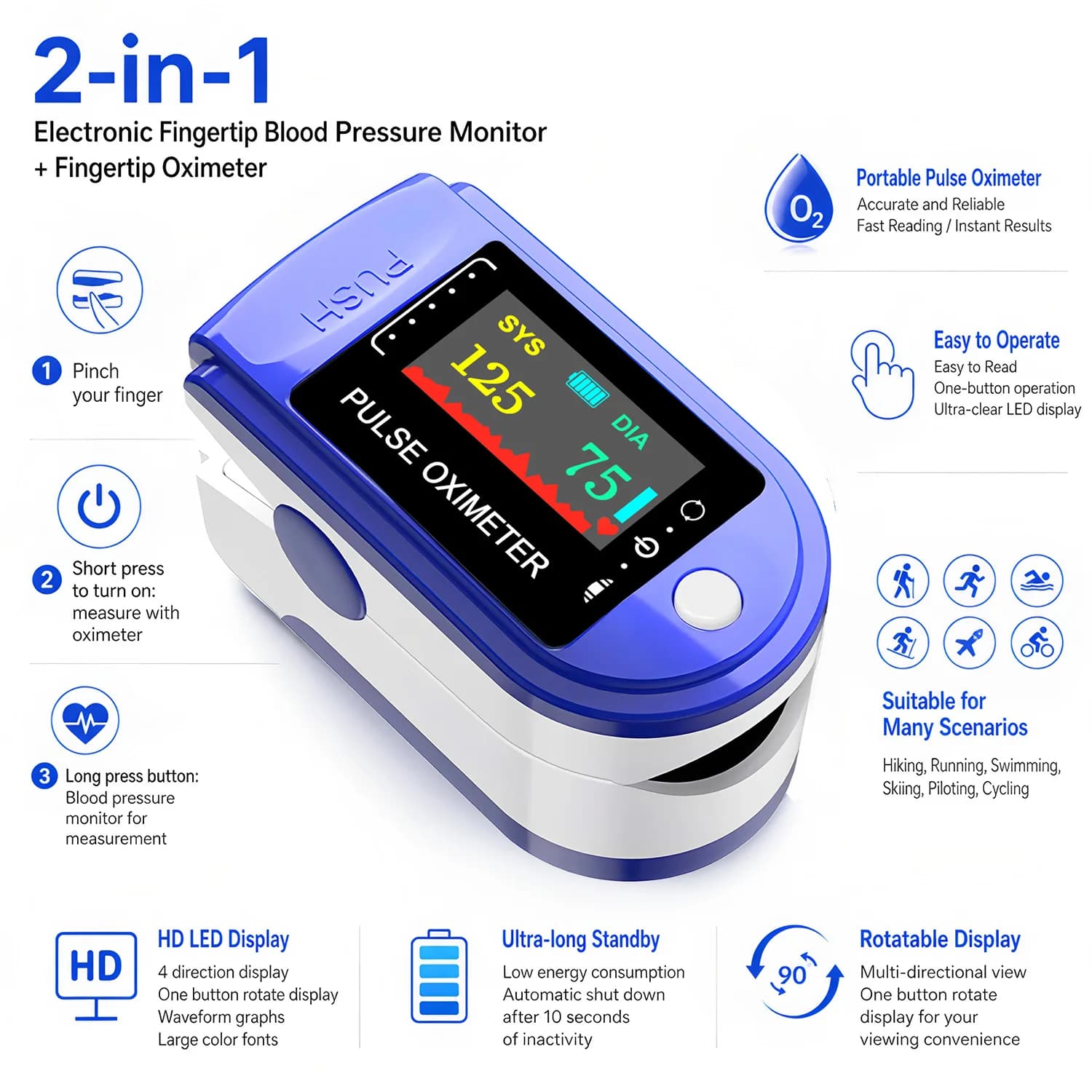 2-in-1 Electronic Fingertip Blood Pressure Monitor +Fingertip Oximeter For Adults