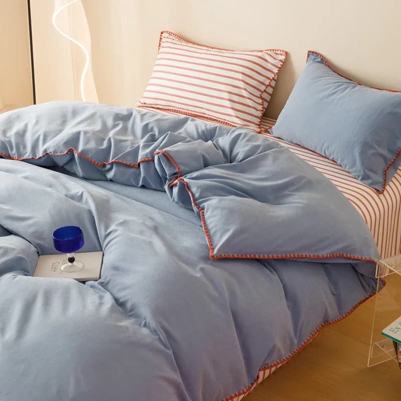 Set of striped girls' bed linen, washed cotton bedding, soft linen set, simple bedspread, home textiles
