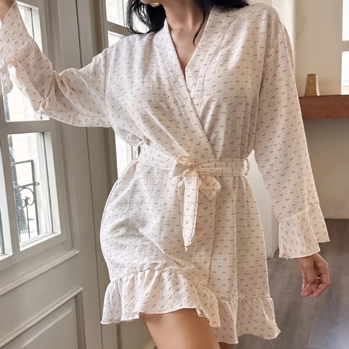 Cloud effect cotton bathrobe, very sold European bathrobe, simple floral casual style, seersucker pajamas, home dress, morning dress