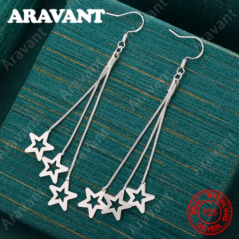 Orecchini lunghi da donna in argento sterling 925 con tre stelle intagliate - Eleganza vintage e gioielli nobili da festa