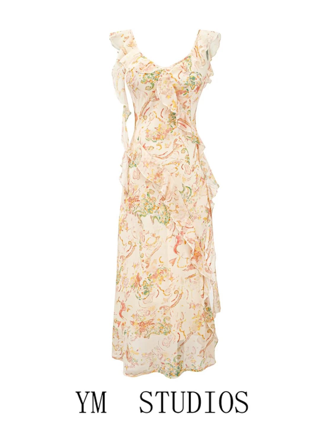 French Style Floral Print Gown with Sash V-Neck High Waist A-Line Skirt Sleeveless Women's Summer Dress Gentle Long Dress